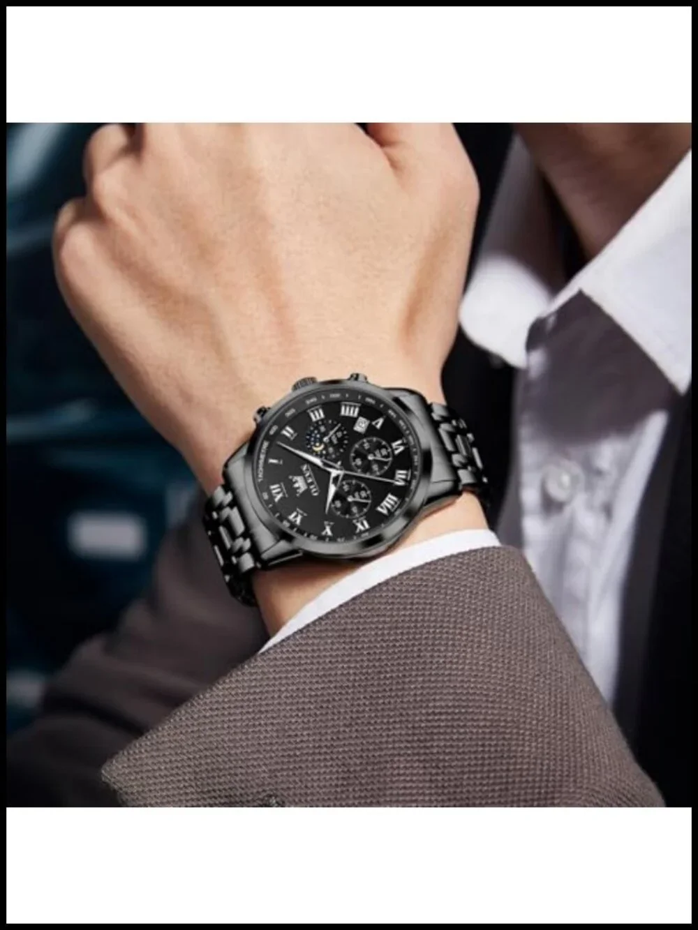 Men's Stainless Steel Chronograph Watch Big Face Roman Numerals Analog Quartz